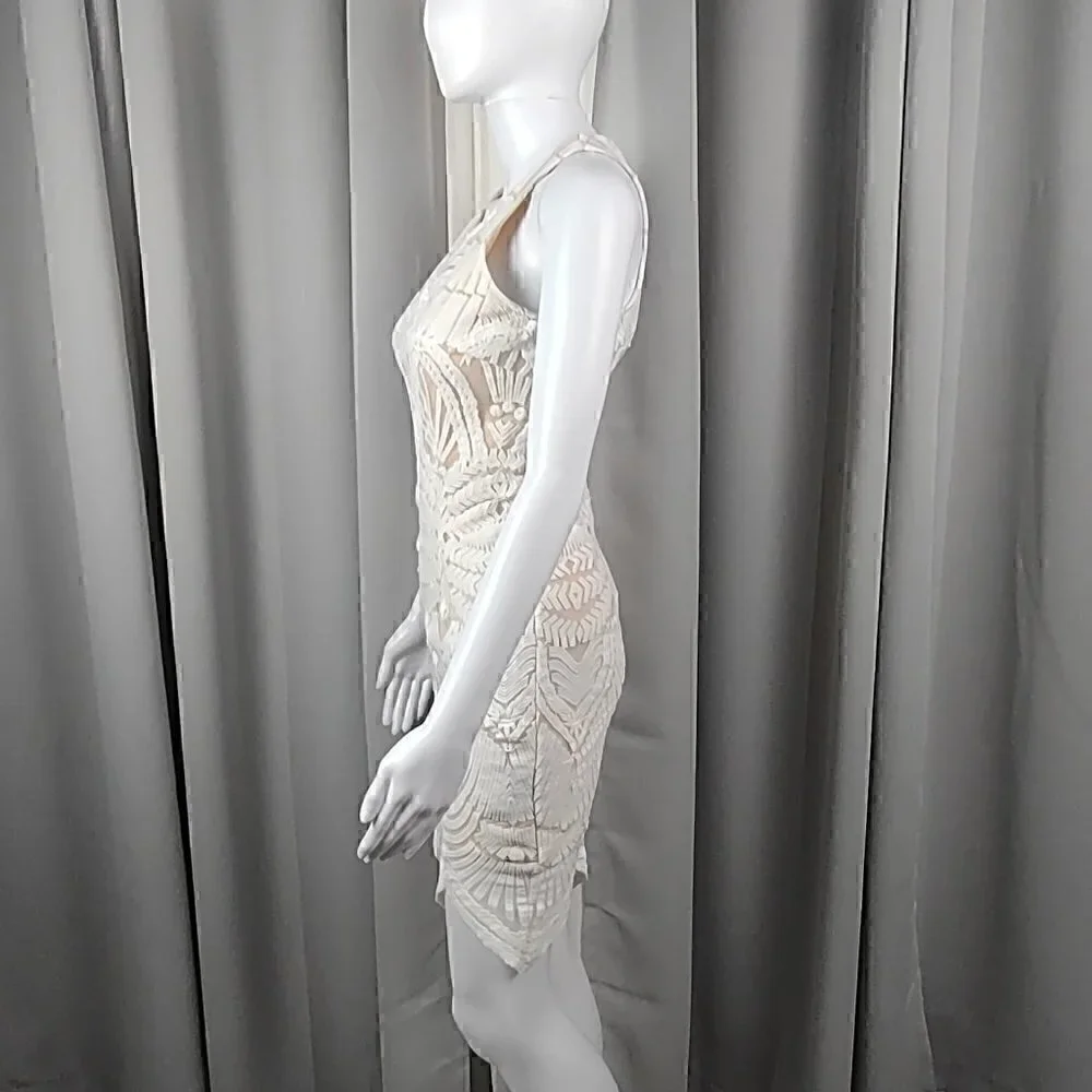 Tea & Cup Cream Bodycon Fitted & Lined Cotton Mini Dress. Size Small - Picture 4 of 13